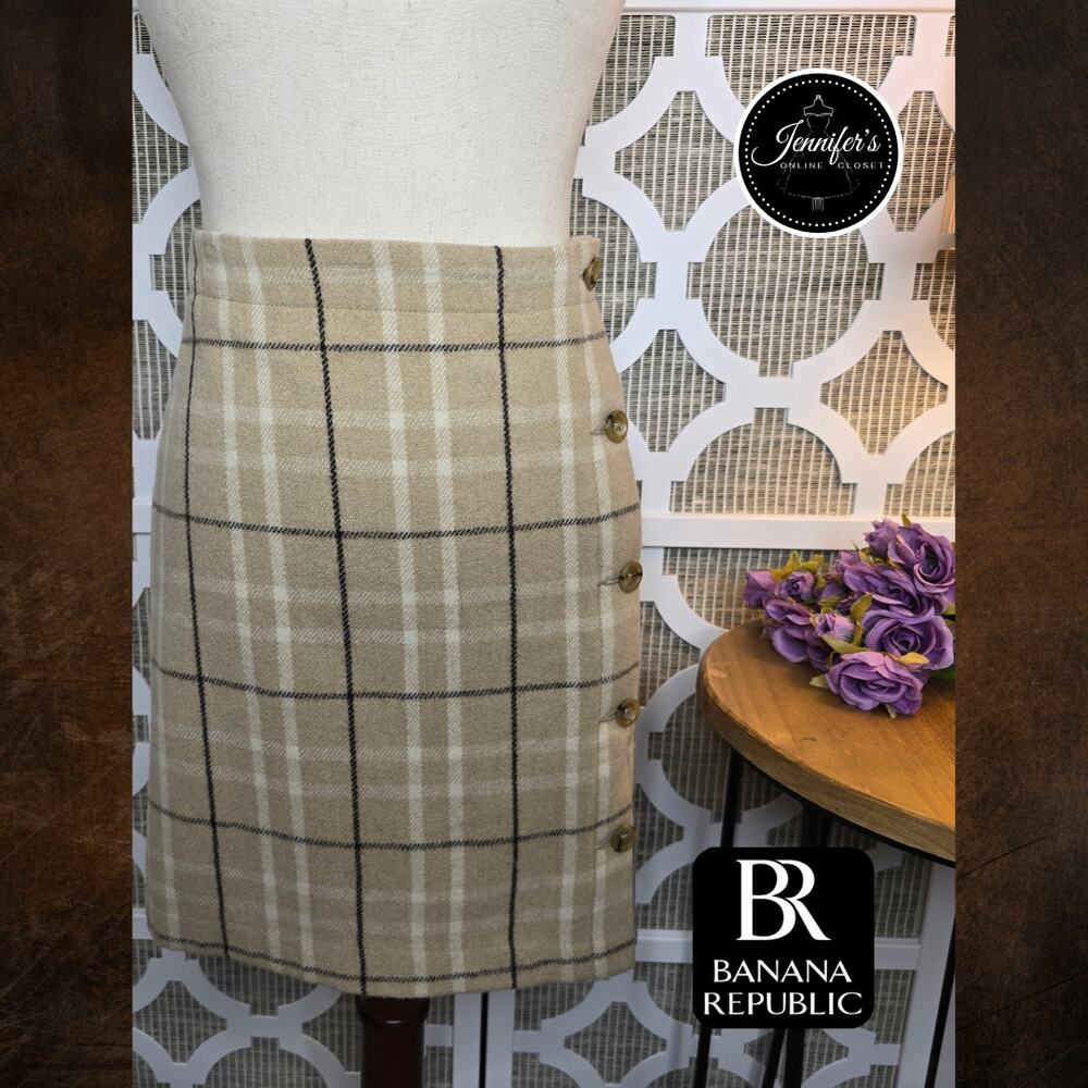 Banana Republic Women's Tan Plaid Button Side Closure Pencil Skirt Size 10